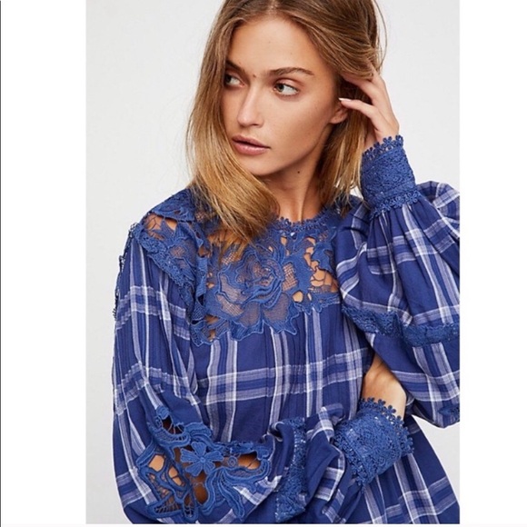 NWT Free People Blue Plaid Darling Diana Top - Picture 2 of 8